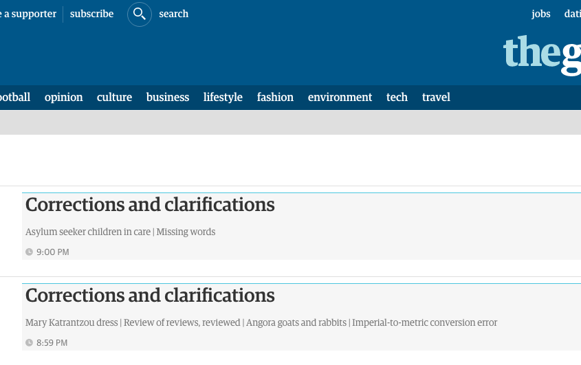The Guardian’s Corrections and Clarifications section is an example of how a news organization can humanize the newsroom. Screenshot by J-Source.