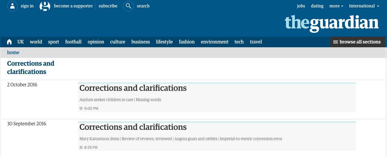 The Guardian’s Corrections and Clarifications section is an example of how a news organization can humanize the newsroom. Screenshot by J-Source.