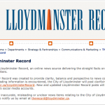 The Lloydminster Record, an “online news source” created by the City of Lloydminster. Screenshot by J-Source.