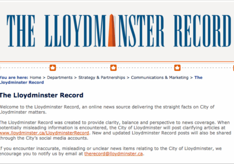 The Lloydminster Record, an “online news source” created by the City of Lloydminster. Screenshot by J-Source.