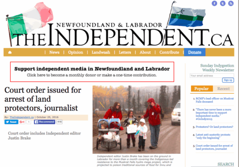 The Independent reports on journalist and editor Justin Brake being named in an arrest order. Screenshot by J-Source.