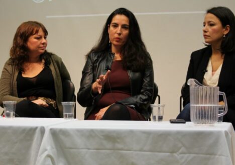 Reporters Karyn Pugliese, Tanya Talaga and Connie Walker speak on covering Indigenous community at the Ryerson School of Journalism. Photo courtesy Jasmine Bala.