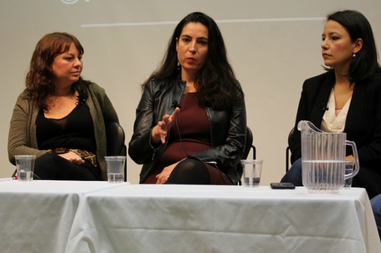 Reporters Karyn Pugliese, Tanya Talaga and Connie Walker speak on covering Indigenous community at the Ryerson School of Journalism. Photo courtesy Jasmine Bala.