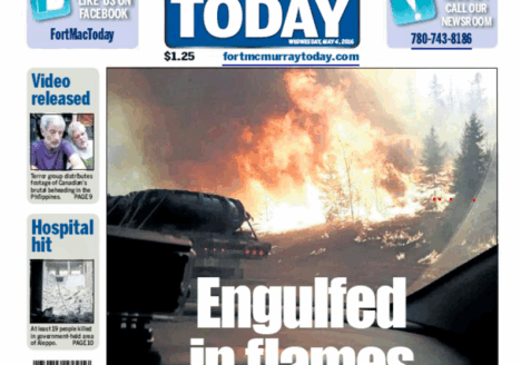 The May 4, 2016 issue of Fort McMurray Today, published after wildfires encroached on the Alberta city. Screenshot by J-Source.
