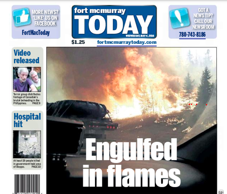 The May 4, 2016 issue of Fort McMurray Today, published after wildfires encroached on the Alberta city. Screenshot by J-Source.