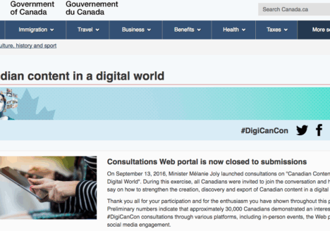 Canadian Content in a Digital World was announced by Heritage Minister Melanie Joly in 2016 and are being run by the federal Ministry of Canadian Heritage. Screenshot by J-Source.
