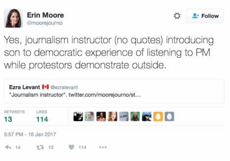 The tweet Erin Moore sent Ezra Levant. Screenshot by J-Source.