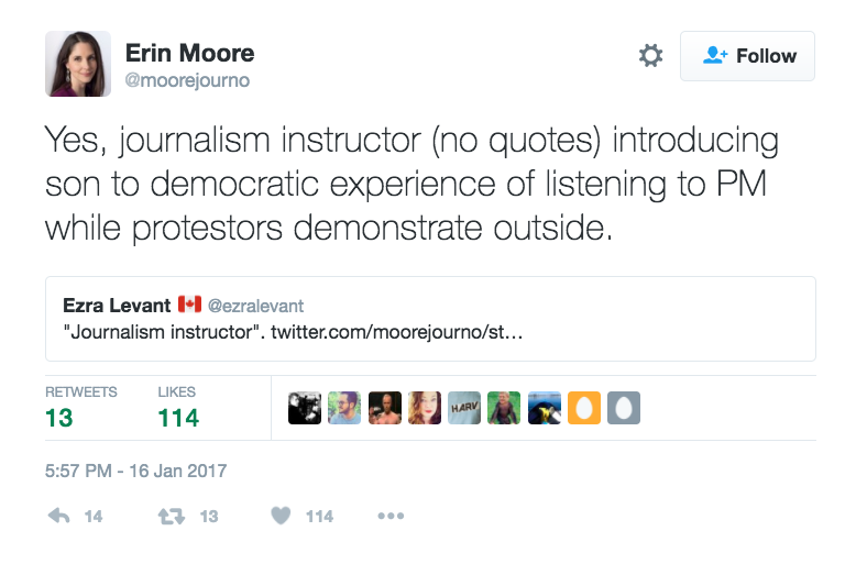 The tweet Erin Moore sent Ezra Levant. Screenshot by J-Source.