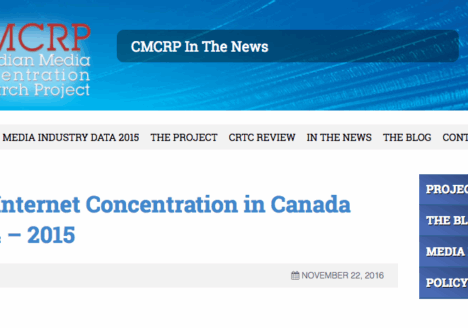 The latest media concentration report from the Canadian Media Concentration Research Project. Screenshot by J-Source.