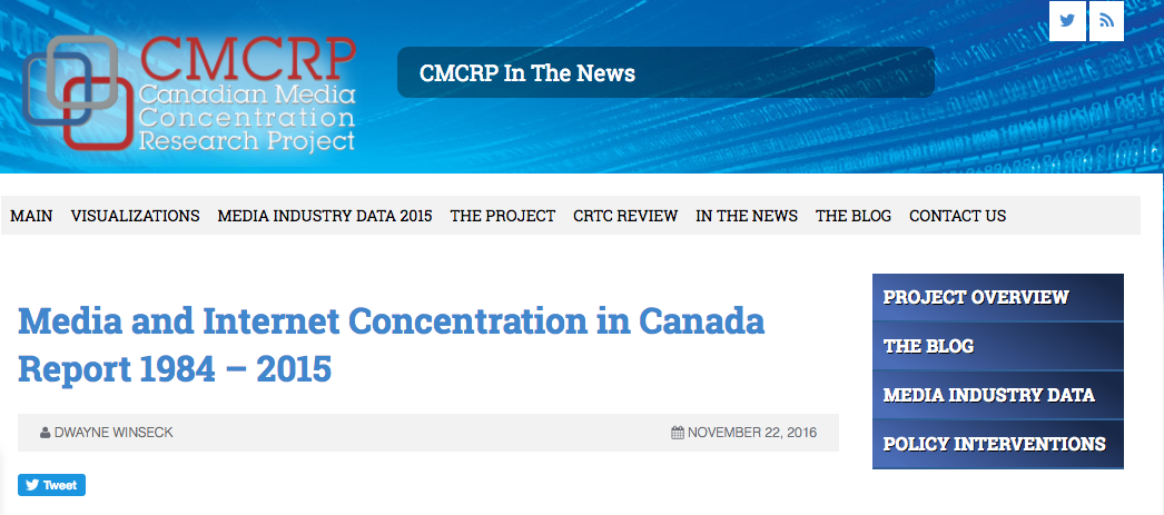 The latest media concentration report from the Canadian Media Concentration Research Project. Screenshot by J-Source.
