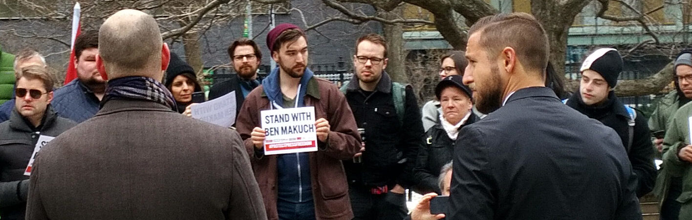 Canadian Journalists for Free Expression hosted a rally outside Osgoode Hall during the appeal. "We're not facing a brave new world, but a frightening new world," CJFE executive director Tom Henheffer (left) told a small crowd. Right: Ben Makuch.