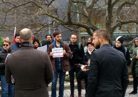 Canadian Journalists for Free Expression hosted a rally outside Osgoode Hall during the appeal. "We're not facing a brave new world, but a frightening new world," CJFE executive director Tom Henheffer (left) told a small crowd. Right: Ben Makuch.
