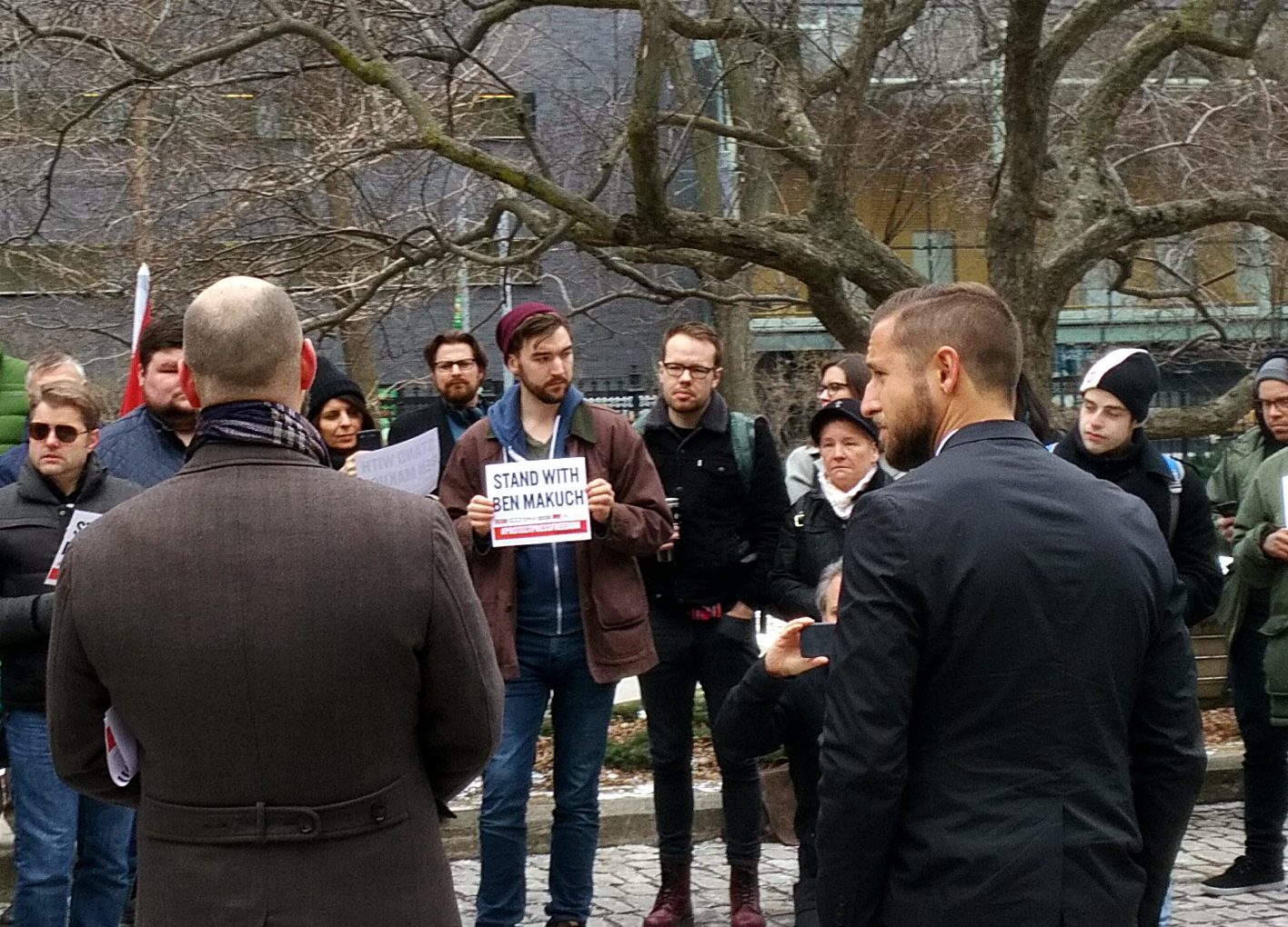 Canadian Journalists for Free Expression hosted a rally outside Osgoode Hall during the appeal. "We're not facing a brave new world, but a frightening new world," CJFE executive director Tom Henheffer (left) told a small crowd. Right: Ben Makuch. 