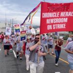 Long road: Chronicle Herald strikers at a Halifax pride parade back in June. Photo courtesy Tim Krochak.