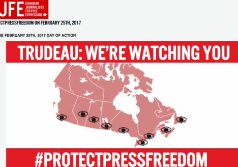 On Feb. 25, protests organized by a coalition of journalism and free speech groups will take place across Canada. Screenshot by J-Source.