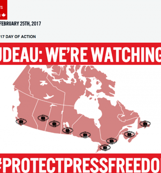 On Feb. 25, protests organized by a coalition of journalism and free speech groups will take place across Canada. Screenshot by J-Source.