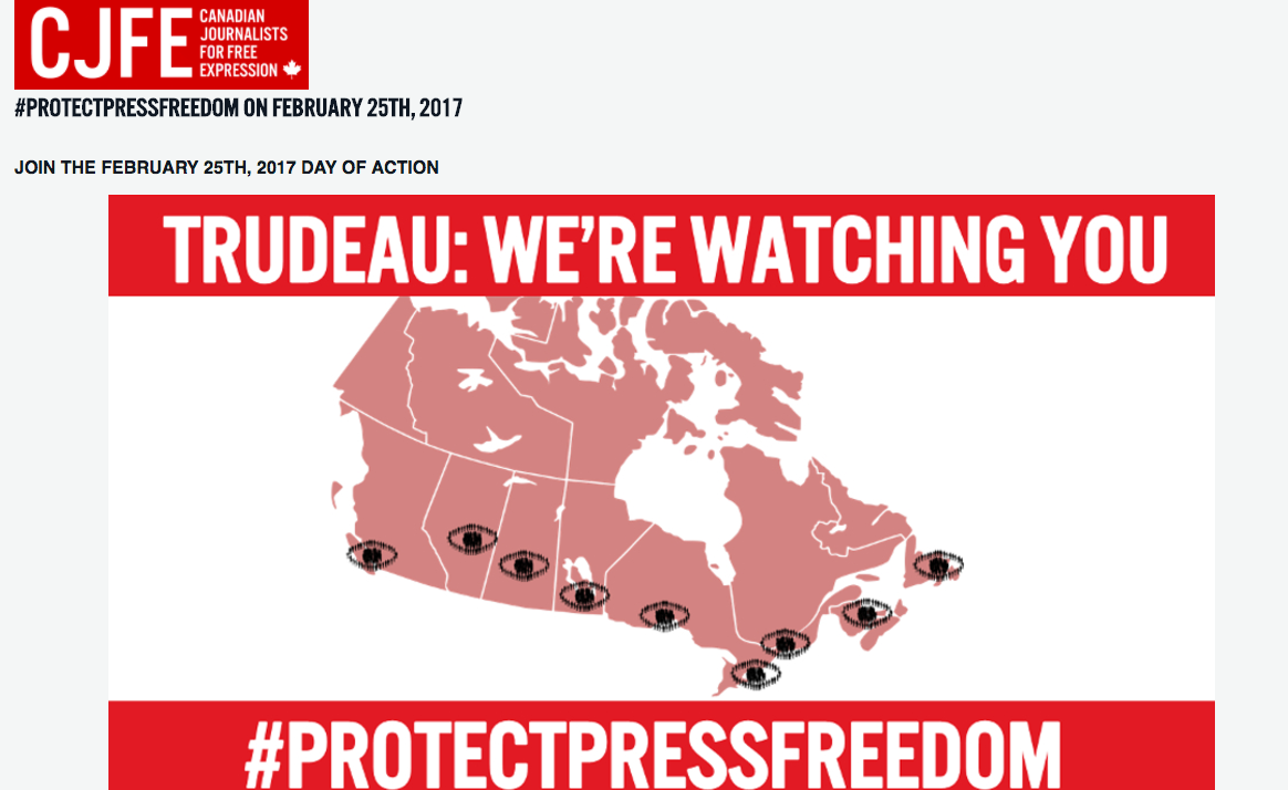 On Feb. 25, protests organized by a coalition of journalism and free speech groups will take place across Canada. Screenshot by J-Source.