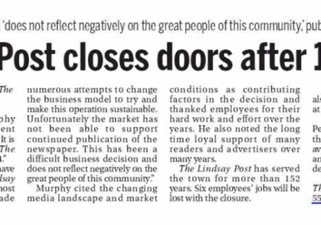 The last edition of the Lindsay Post. Screenshot courtesy of Policy Options.