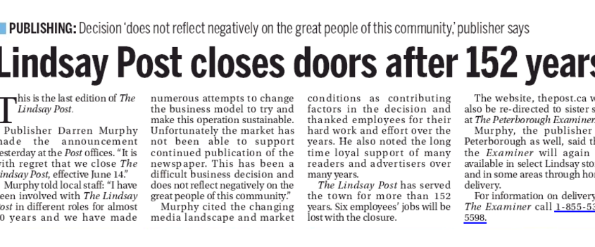 The last edition of the Lindsay Post. Screenshot courtesy of Policy Options.