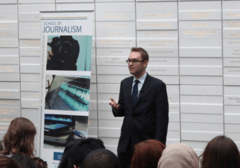 Daniel Dale, Washington Bureau Chief for the Toronto Star, discusses verification and trust in the media at the George Vari Engineering and Computing Building’s Sears Atrium at Ryerson University, February 15th, 2017. Photo courtesy of Micheal Ott.