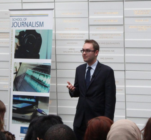 Daniel Dale, Washington Bureau Chief for the Toronto Star, discusses verification and trust in the media at the George Vari Engineering and Computing Building’s Sears Atrium at Ryerson University, February 15th, 2017. Photo courtesy of Micheal Ott.