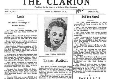 Carrie Mae Best's newspaper, the Clarion, covered Viola Desmond's arrest on the front page of its first edition in 1946. Image courtesy of the Nova Scotia Archives.