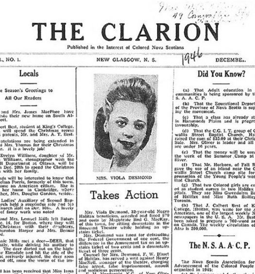 Carrie Mae Best's newspaper, the Clarion, covered Viola Desmond's arrest on the front page of its first edition in 1946. Image courtesy of the Nova Scotia Archives.
