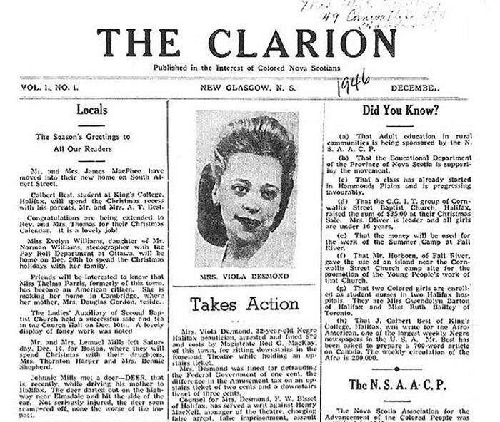 Carrie Mae Best's newspaper, the Clarion, covered Viola Desmond's arrest on the front page of its first edition in 1946. Image courtesy of the Nova Scotia Archives.