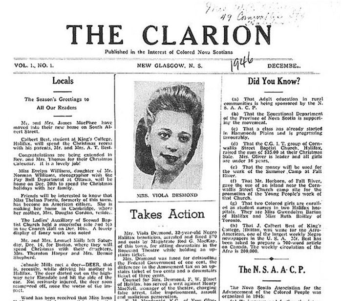 Carrie Mae Best's newspaper, the Clarion, covered Viola Desmond's arrest on the front page of its first edition in 1946. Image courtesy of the Nova Scotia Archives.