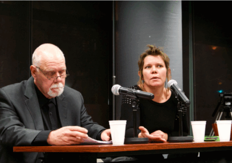Robert Washburn, professor of journalism at Loyalist College, and Gretchen King, PhD candidate and community media advocate, discuss their research at the Journalism in Crisis book launch panel at the Ryerson School of Journalism Feb. 9. Photo courtesy of Steph Wechsler.