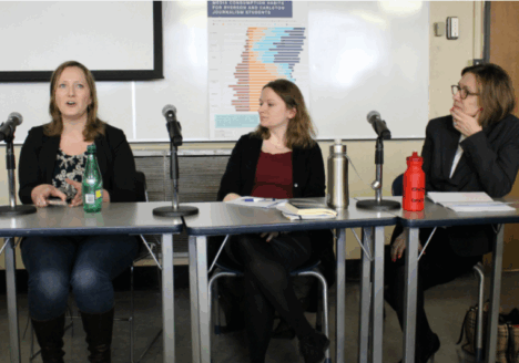 Ryerson professors Shauna Rempel, Jessica Thom and Anne McNeilly discussing what young people want from their news media at a panel that took place on Jan. 27, 2017. Photo courtesy of Jasmine Bala.