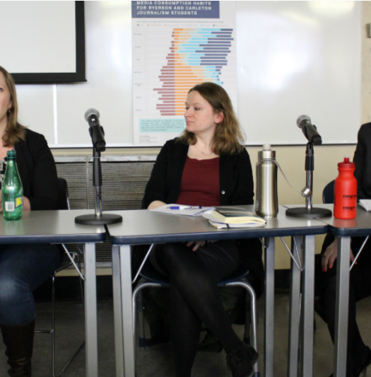 Ryerson professors Shauna Rempel, Jessica Thom and Anne McNeilly discussing what young people want from their news media at a panel that took place on Jan. 27, 2017. Photo courtesy of Jasmine Bala.