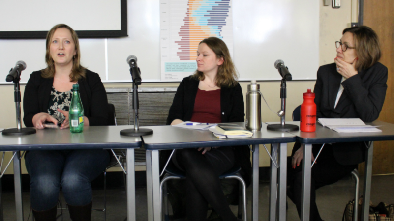 Ryerson professors Shauna Rempel, Jessica Thom and Anne McNeilly discussing what young people want from their news media at a panel that took place on Jan. 27, 2017. Photo courtesy of Jasmine Bala.