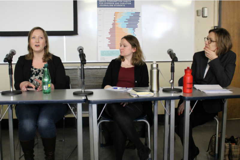 Ryerson professors Shauna Rempel, Jessica Thom and Anne McNeilly discussing what young people want from their news media at a panel that took place on Jan. 27, 2017. Photo courtesy of Jasmine Bala.