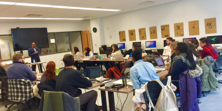 George Abraham speaks to a class at Carleton on the topic of diversity in journalism. Photo courtesy of George Abraham.