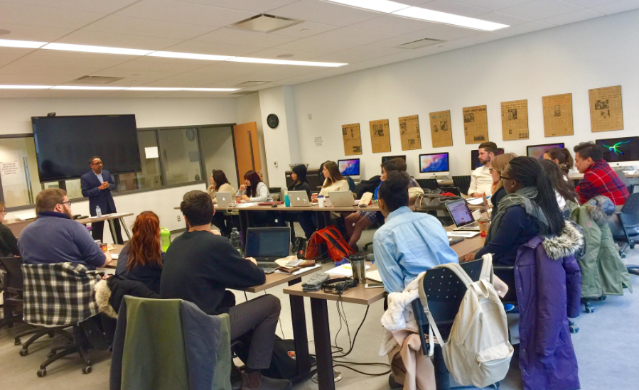 George Abraham speaks to a class at Carleton on the topic of diversity in journalism. Photo courtesy of George Abraham.