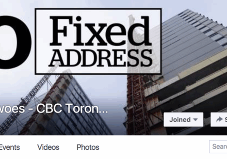 Earlier this year, CBC Toronto created the group “Toronto Housing Woes – CBC Toronto”  as part of the “No Fixed Address” feature. Screenshot by J-Source.