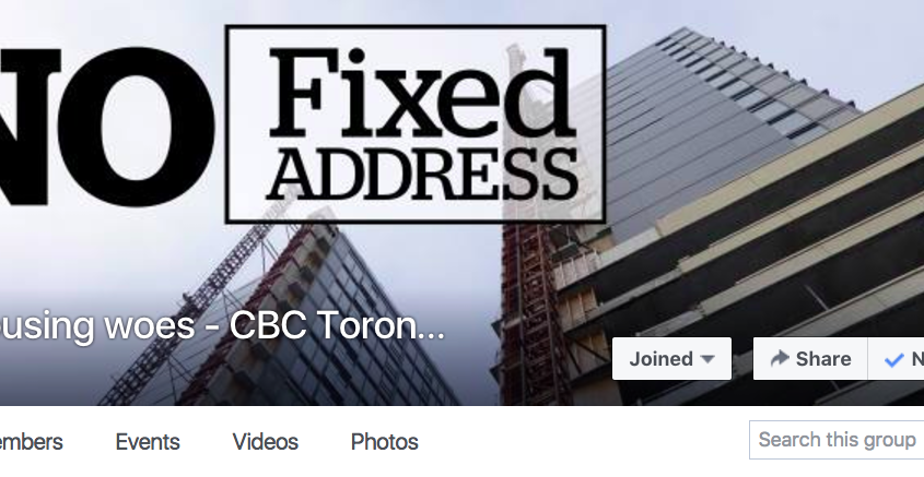 Earlier this year, CBC Toronto created the group “Toronto Housing Woes – CBC Toronto”  as part of the “No Fixed Address” feature. Screenshot by J-Source.
