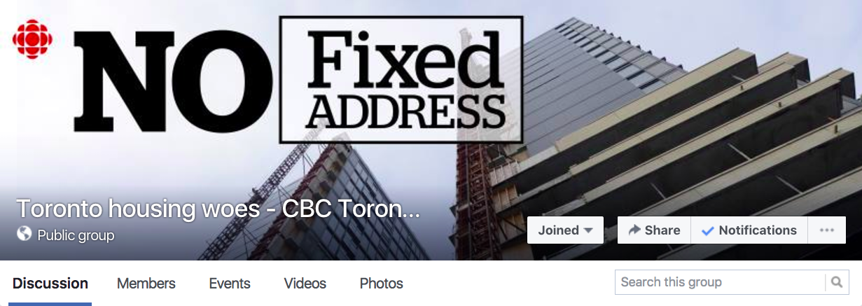 Earlier this year, CBC Toronto created the group “Toronto Housing Woes – CBC Toronto”  as part of the “No Fixed Address” feature. Screenshot by J-Source.