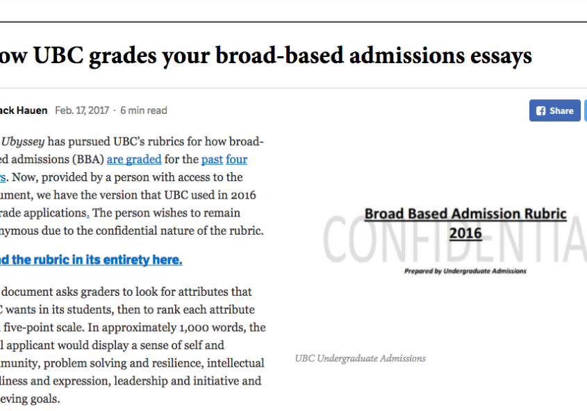 UBC student newspaper the Ubyssey fought for admission rubrics for four years before the documents were leaked to them. Screenshot by J-Source.