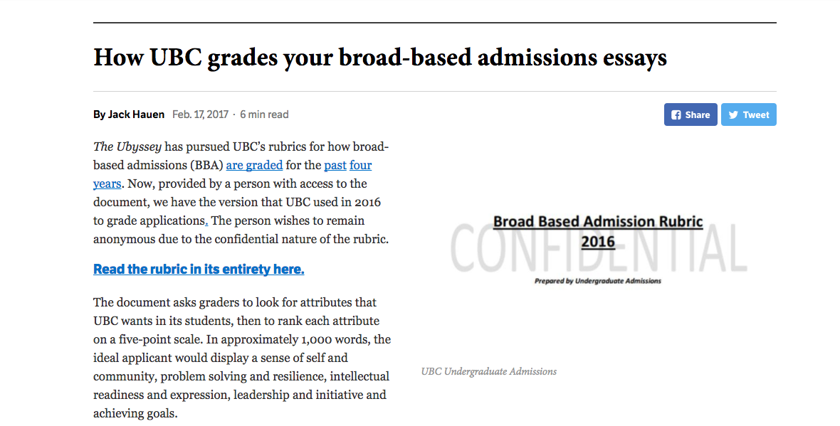 UBC student newspaper the Ubyssey fought for admission rubrics for four years before the documents were leaked to them. Screenshot by J-Source.