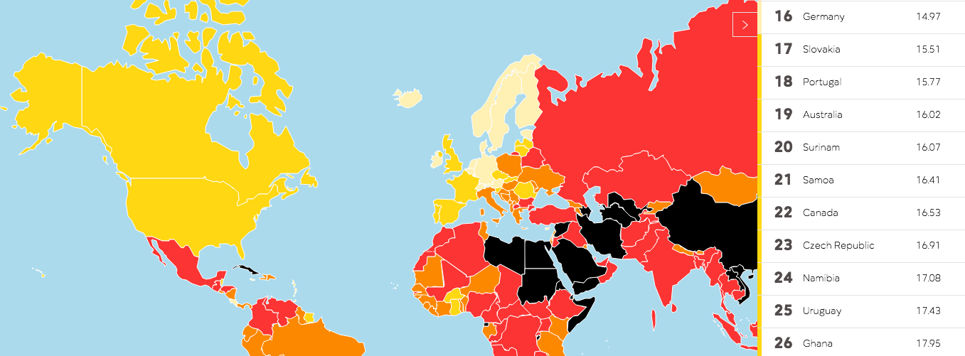 Canada slipped out of Top 20 in press freedom index. Screenshot by J-Source.