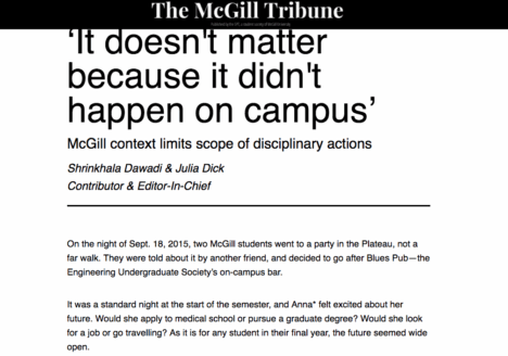 Shrinkhala Dawadi co-wrote and broke a story about an incident of physical assault at McGill, where administration did not sanction the perpetrator even after he was arrested and charged with assault causing bodily harm. Screenshot by J-Source.