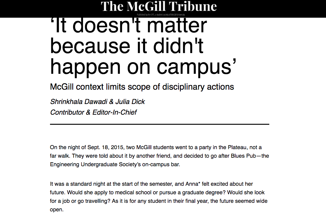 Shrinkhala Dawadi co-wrote and broke a story about an incident of physical assault at McGill, where administration did not sanction the perpetrator even after he was arrested and charged with assault causing bodily harm. Screenshot by J-Source.