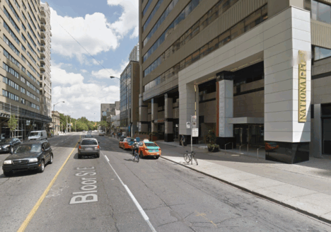 Postmedia Place in 2016. Public health officials say infection likely occurred at an outdoor area popular with smokers. Screenshot by J-Source.
