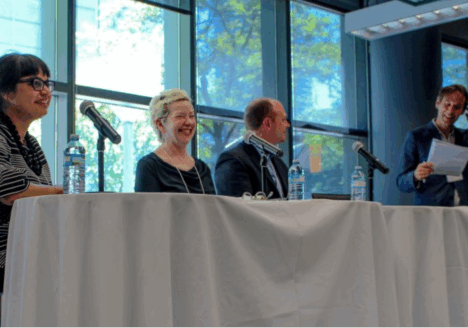Asmaa Malik, Catherine Wallace, Tyler Nagel and Gavin Adamson discuss source diversity at June conference. Photo courtesy of Abby Plener.