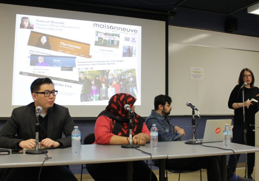 Steven Zhou, Chelby Marie Daigle, Ishmael Daro and Naheed Mustafa speak on June 4 panel moderated by Amira Elghawaby. Photo courtesy of Angela Long.