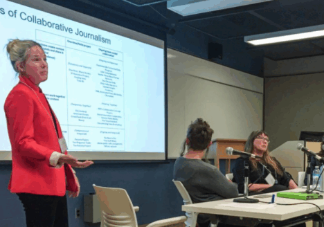Sarah Stonbely, Gretchen King, Patricia Elliott and moderator Andrea Hunter (associate professor of journalism at Concordia University) discuss crowdfunding the news June 3. Photo courtesy of Gregory Furgala.