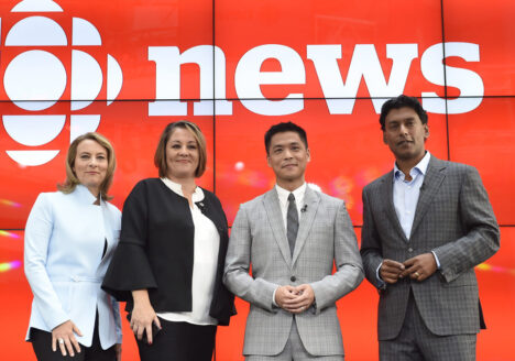 Adrienne Arsenault, Rosemary Barton, Andrew Chang and Ian Hanomansing (left to right) are named the new hosts of "The National," at a news conference in Toronto, Tuesday, Aug.1, 2017 Nathan Denette/Canadian Press