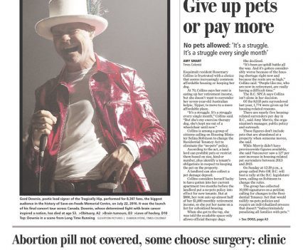Times Colonist front page with headline "Ahead by a century: Gord Downie dies"